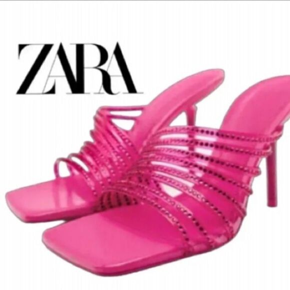 Zara Vinyl Clear Pink Rhinestone High Heels Sandals Size 11 - Picture 1 of 14